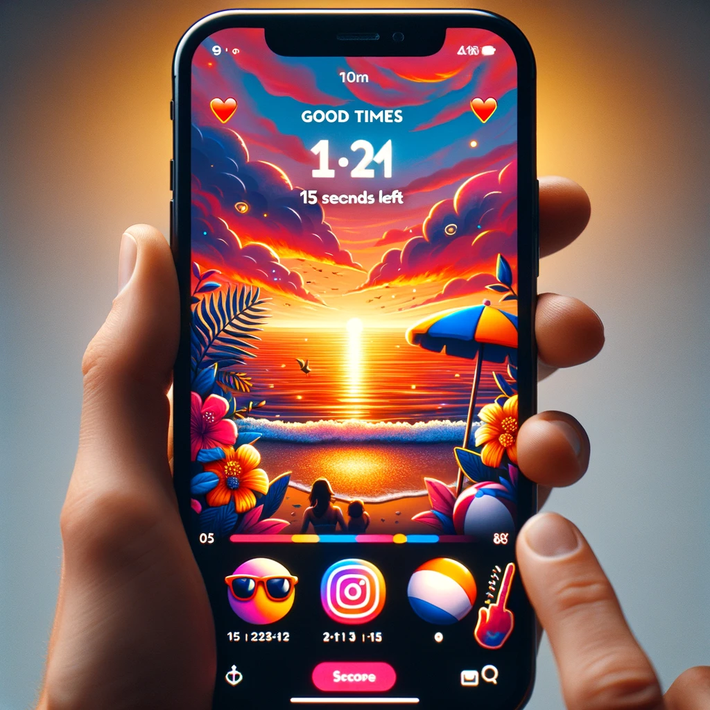 A user is sharing a vibrant and lively Instagram story that captures a beautiful sunset on the beach. The interface shows the remaining time indicator on the top right corner, indicating there are 10 seconds left out of the 15-second story duration. The user has added fun stickers like sunglasses and a beach ball, along with a playful 'Good Times' caption at the bottom. The image captures the essence of sharing fleeting, yet memorable moments on Instagram stories, showcasing the feature's ability to connect people through shared experiences.