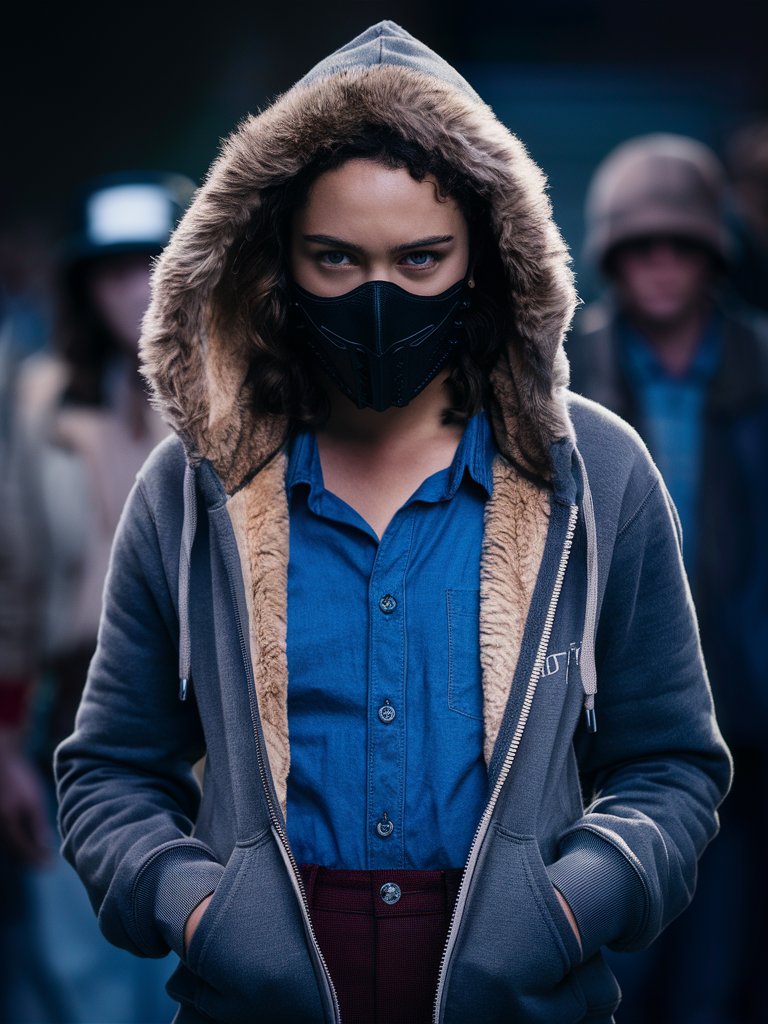 eleven, fur-lined hoodie, stranger things, full body, ultra HD detailed, professional photography, assassin-mouth-mask