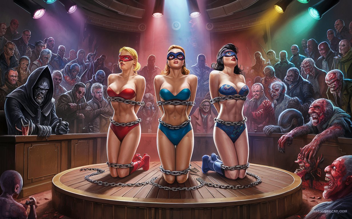 3 beautiful and sexy superheroines with colorful costumes and eye masks are standing on a raised stage in a huge auditorium. They are very distressed and helpless. Their arms are bound behind their backs. They are heavily chained as prisoners. Next to them on the dais is an auction podium with a muscular auctioneer who is wearing a black hood like an executioner. The stage is surrounded by nasty looking monsters and villains who are all very excited to be bidding on ownership of the captured heroines. Extreme detail. Dangerous atmosphere. Many different colored spotlights. Wide shot view. 