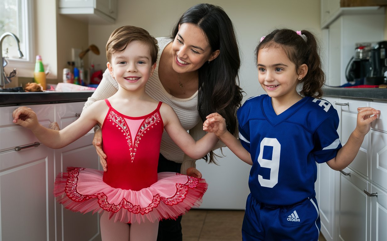 Gender role-reversal, Photograph of a mother dressing her young son, a boy age 8, up in cherry red ballerina sparkly leotard and frilly tutu dress, and she is dressing her young daughter, a girl age 9, up in a blue football uniform, in a kitchen for fun on a rainy day, adorable, perfect children faces, perfect faces, clear faces, perfect eyes, perfect noses, smooth skin