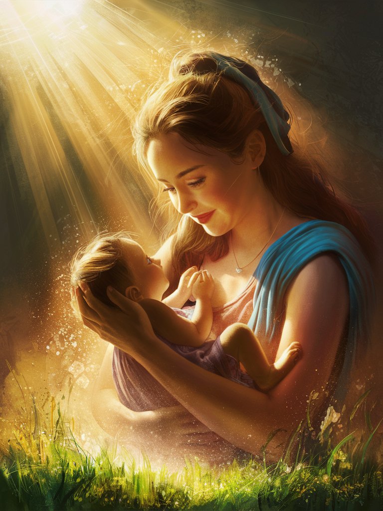  A digital painting of a young woman with a gentle smile, holding a small child in her arms, standing in a sunlit meadow with rays of light streaming down upon them. The image symbolizes the nurturing and protective love of God as seen through the bond between a mother and child.