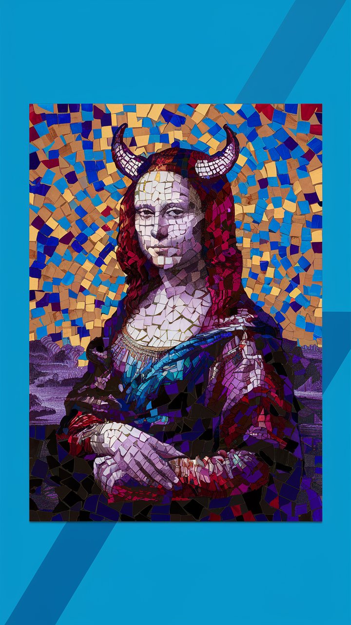 Mona Lisa Mosaic Wall Art with Devil Horns on Vibrant Background