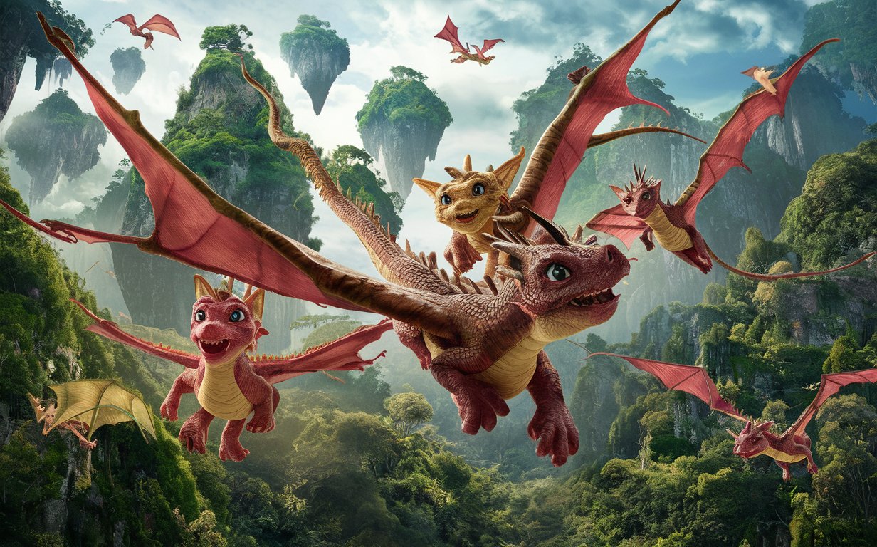 young dragons flying in a forest, all islands at different elevations,  hd, fantasy lighting, day, adventurous, excitement.