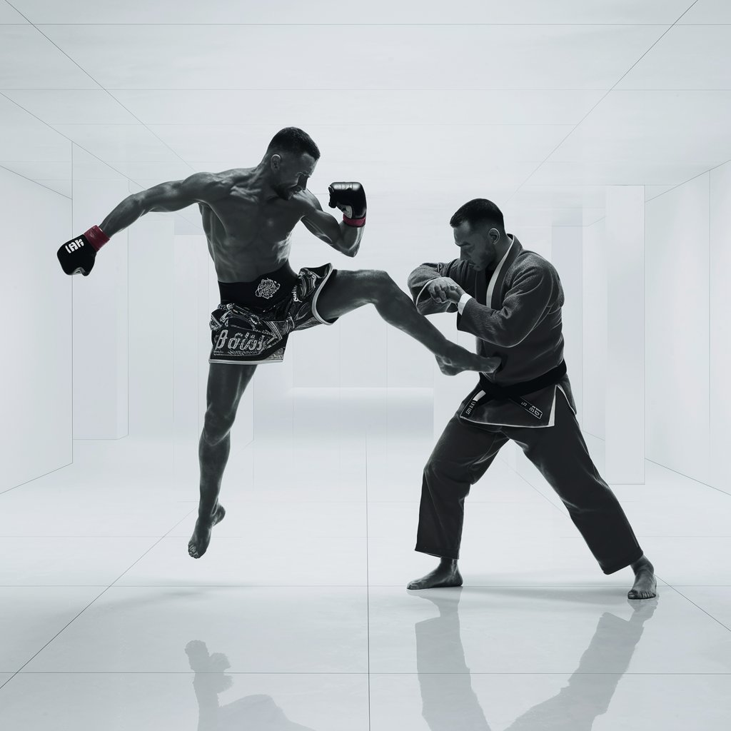 create an black outline of a muay thai fighter jumping with a knee kick and opposite him a black outline of a brasilian jiu jitsu fighter in a kimono. everything on a white background