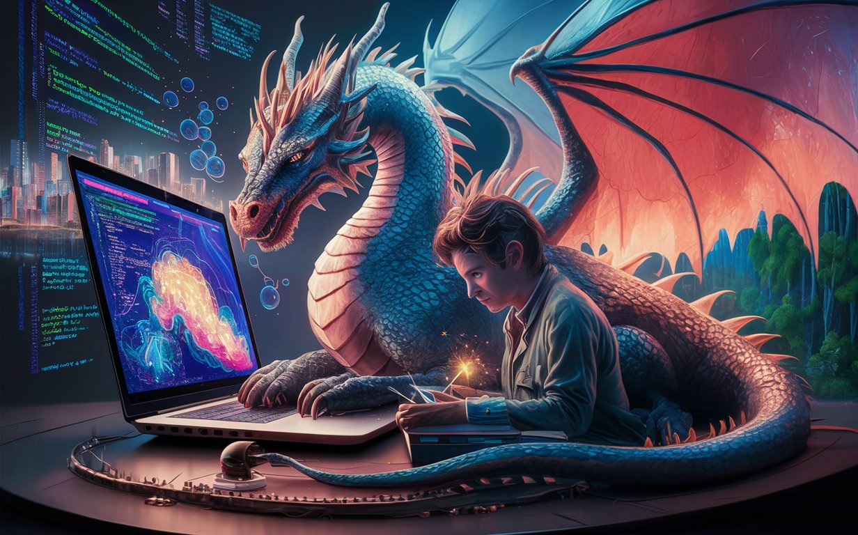 Generate an image showcasing a dragon within a data science environment, specifically tailored for a data scientist working on a laptop. Envision the dragon as a metaphorical representation of the data scientist's expertise and prowess in navigating complex datasets and algorithms. Incorporate elements such as a laptop displaying intricate data visualizations or code, symbolizing the fusion of technology and data analysis. The dragon should exude an aura of intelligence and sophistication, serving as a powerful ally in the data scientist's quest for knowledge and insights. Ensure the scene harmoniously blends fantasy with the practicality of data science, inspiring viewers to explore the limitless possibilities at the intersection of imagination and analytical rigor.