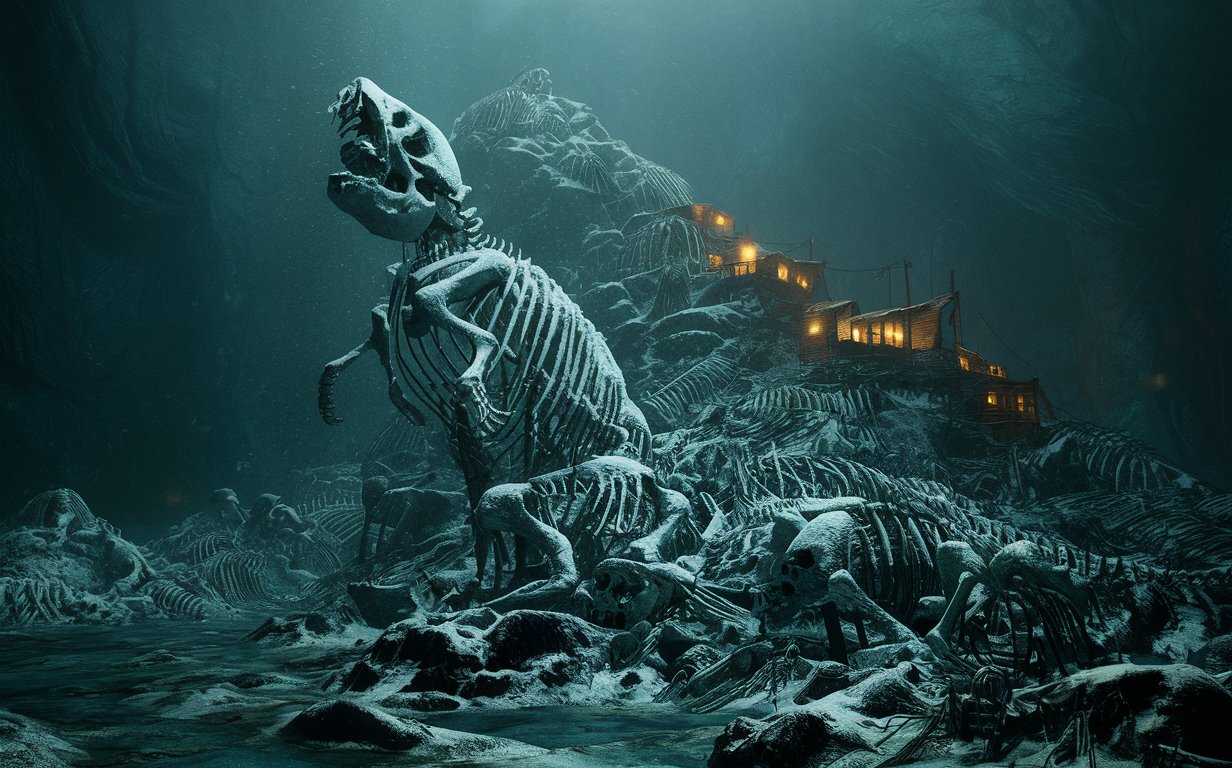 Snow-covered skeletons of giant creatures rise from underwater in a massive uneven pile. On top of the skeletons is a ramshackle village that spans from the top of the pile to the water It has to be inside a giant cavern only seen far away to the distance and surrounded by black water. Light only comes from the village itself, there is also a lot of fog.