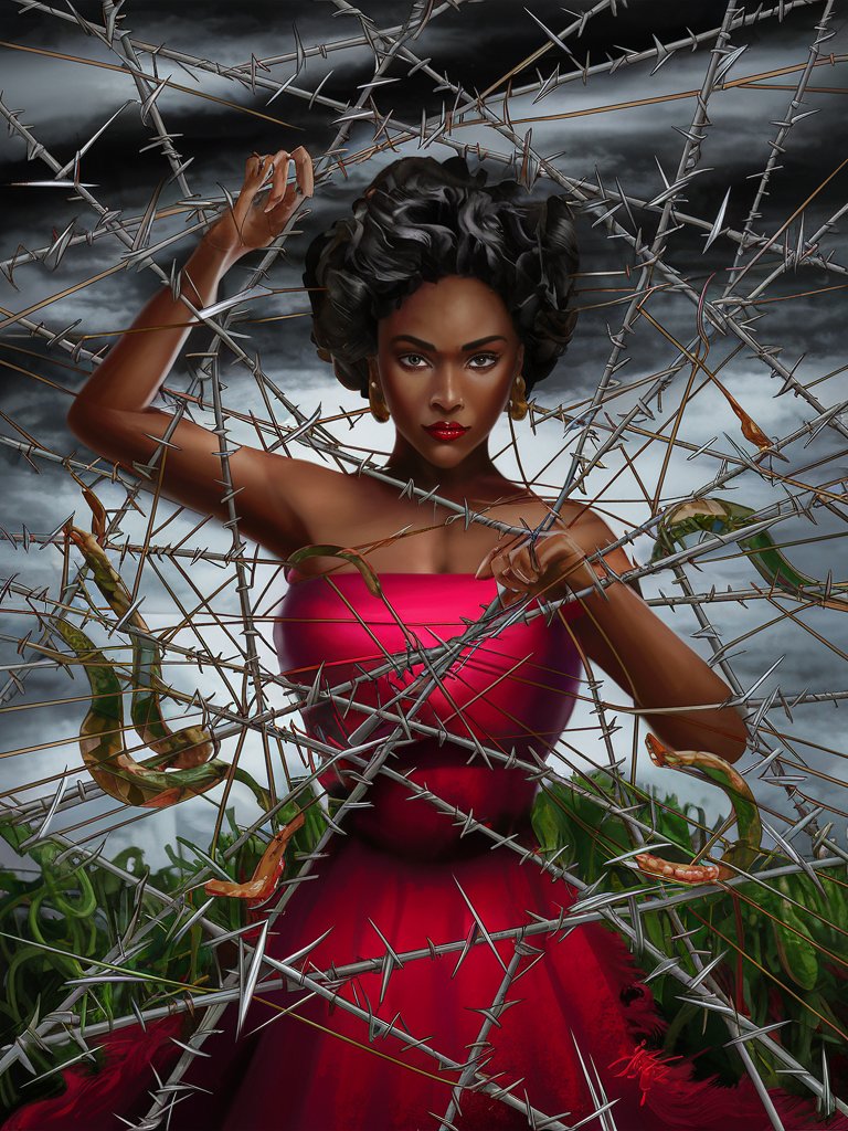 Create a digital painting depicting a beautiful woman of a minority background weaving a web of lies and deception, with tangled threads symbolizing the consequences of dishonesty. The image should illustrate the dangers of deceit and dishonesty, emphasizing the importance of honesty and integrity in all aspects of life.