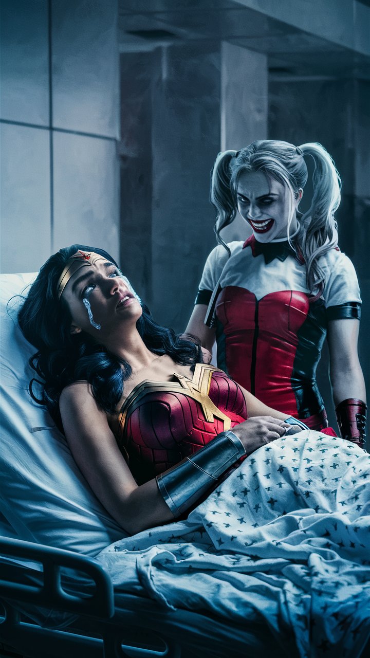 Crying Wonder woman lying on a hospital bed. Harley Quinn standing beside her laughing 