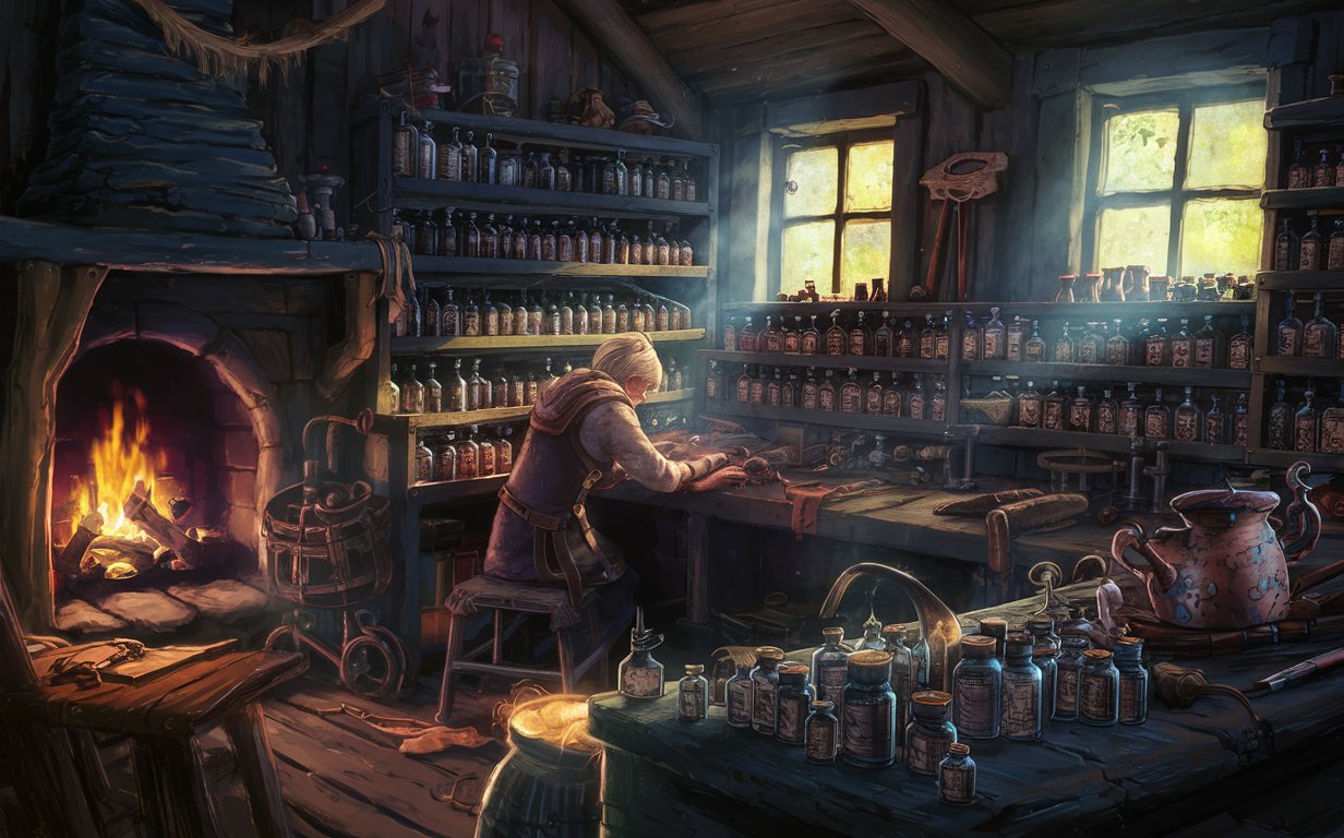 Draw a cabin in the woods from the inside. The owner of the hut is a mage, a cart repairer. Inside there should be a fireplace, two windows and lots of potion vials 