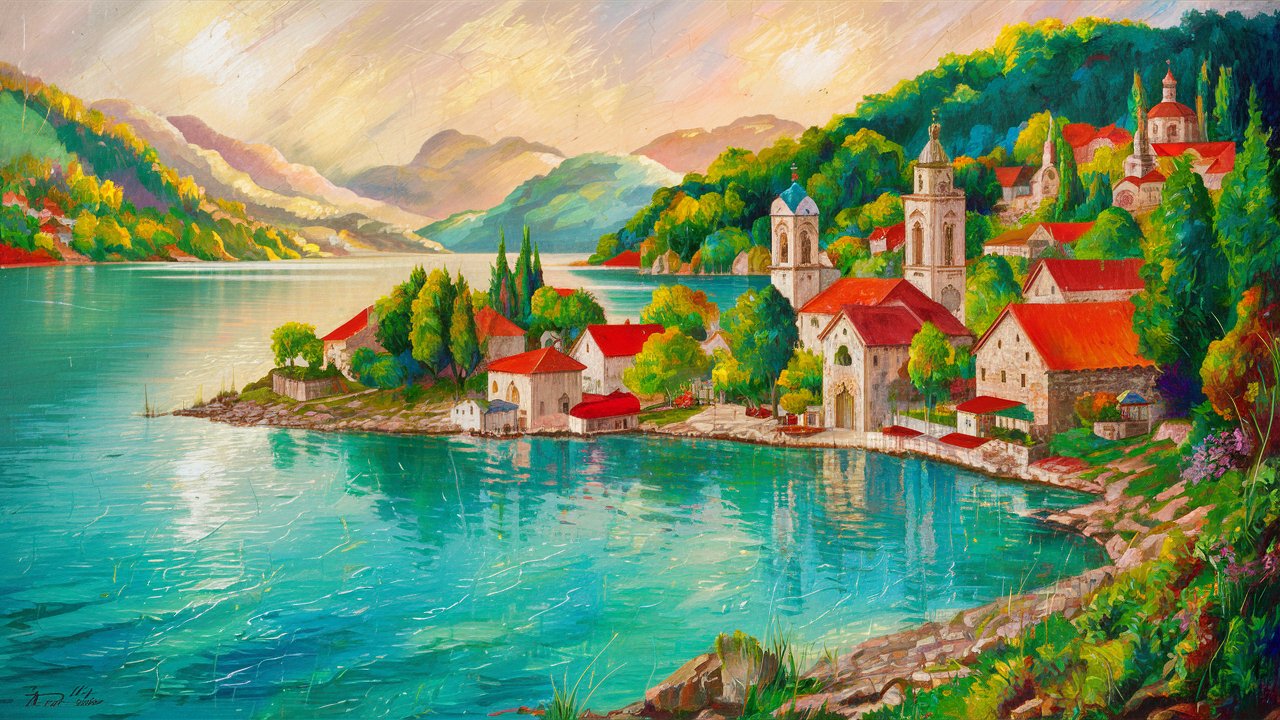 Ohrid lake in mid century style painting