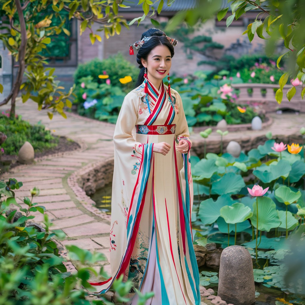 A smiling Chinese woman in traditional clothing in garden