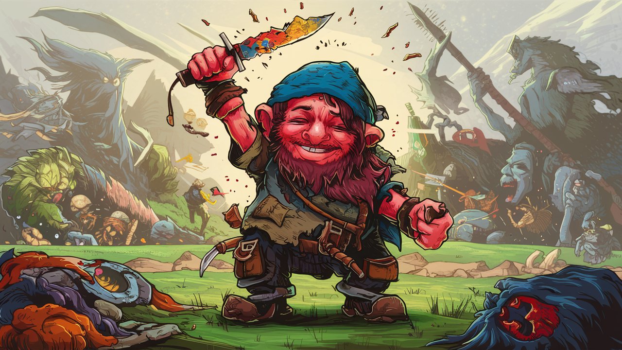 Homeless hobo with broken knife fight dark souls games bosses and winnig. Style is optimistic and colorful