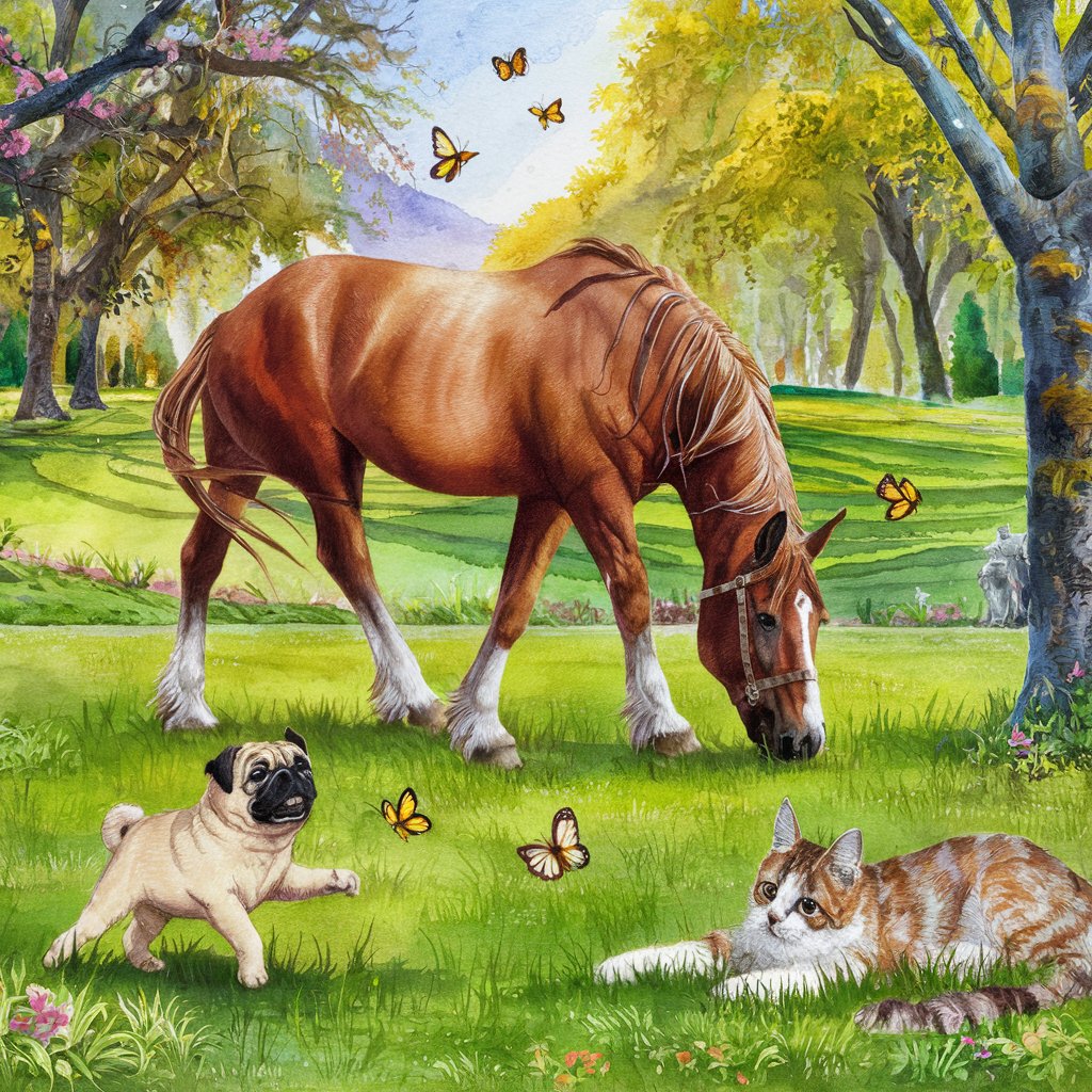 A wonderful spring day in the most beautiful valley, a horse is grazing, a little pug chasing butterflies and a cat is enjoying the sun, watercolor, beautiful park, detailed, Bruno Amadio style, G. Bragolin style