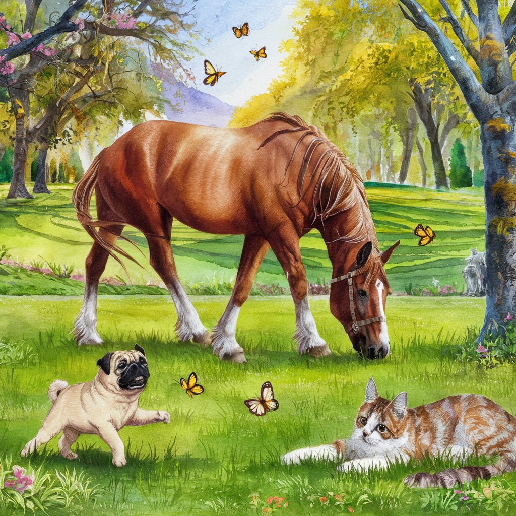 Tranquil Spring Scene Horse Grazing Pug Chasing Butterflies Cat Basking in Sunlight