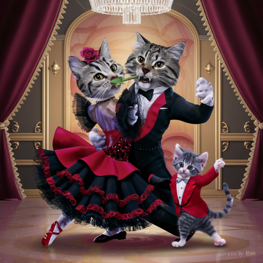 кошка в ярком платье и кот во фраке танцуют танго, черные и красные цвета, роза в зубках у кошки