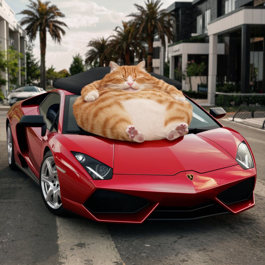 very fat ginger cat on a lamborghini 