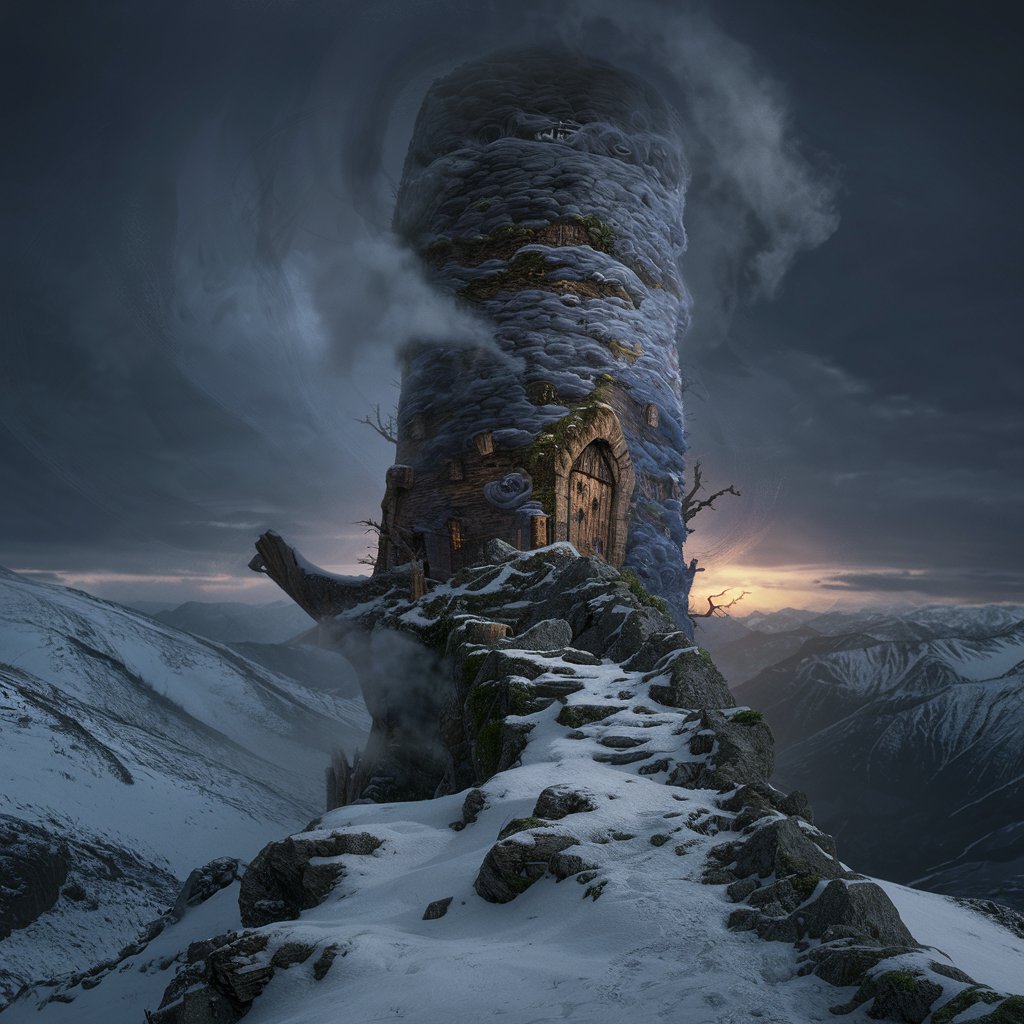 A fantasy tower made of clouds and stone. Old an rickety atop a snowy outcrop in a mountain. Misterious and ancient