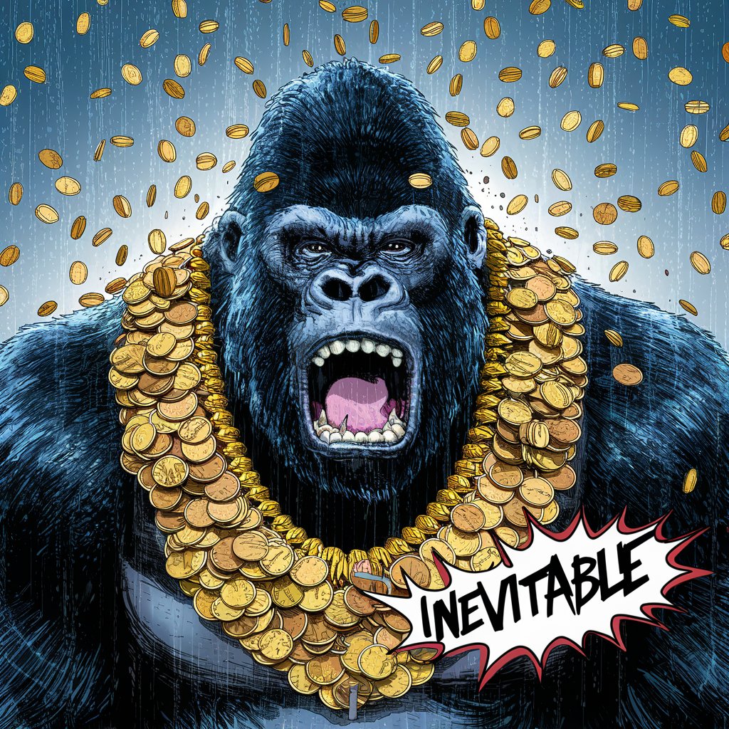 Furious Gorilla with Massive Penny Gold Necklace amidst a Coin Shower
