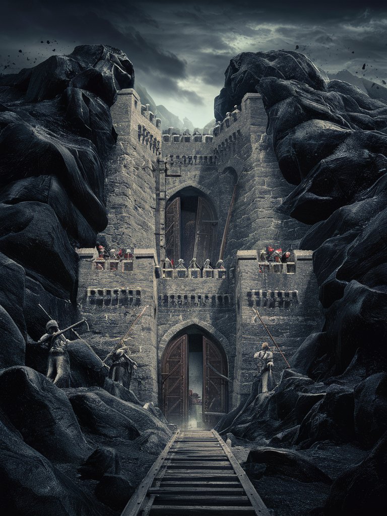 Неприступная крепость высеченная из камня в черных скалах