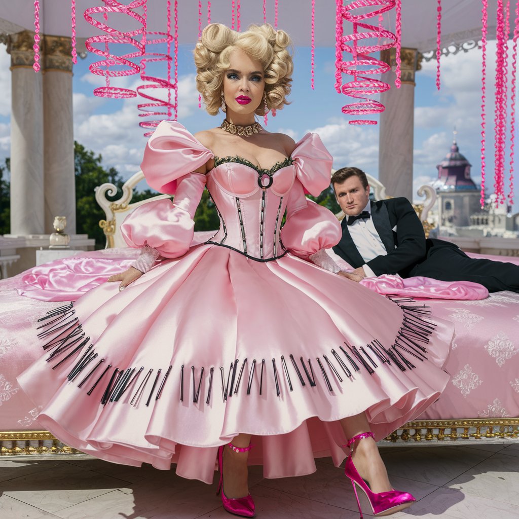 Queen Peach with big pink lips and a 25-year-old bosom. In a lavish satin dress, the dress length is ankle-length, with a steel stiff corset. The skirt of the dress consists of a lavish white crinoline and steel rings. The sleeves of the dress are full and large lanterns. Metallic long gloves made of satin, pink shiny stiletto heels 14 cm high. The bottom of the skirt has an additional short frill with protruding crinoline. The weather is sunny. The hair is lush with big curls. Sitting on a bed with pink silk sheets in the palace. Pink diamond spirals swirls hanging over the bed, Handsome man in tuxedo lying on the bed.