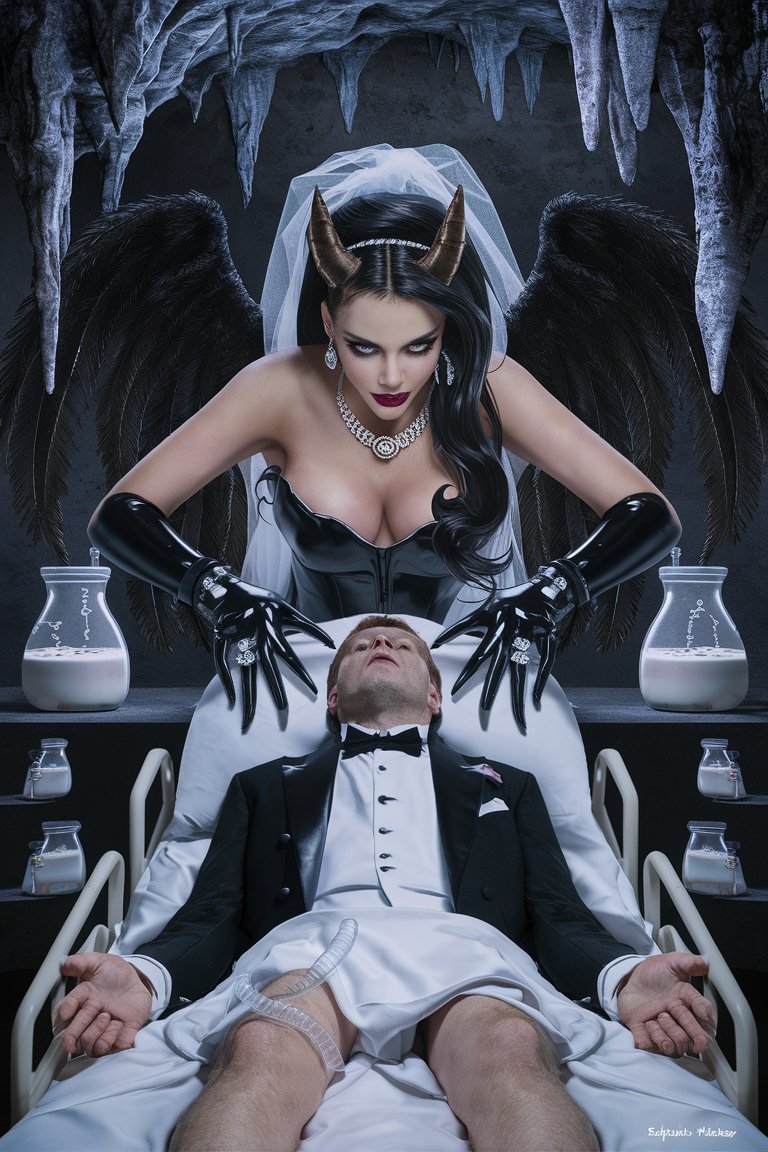 Realistic photo, Cavern-like Lair, vials and tubes, milky liquid, stalactites, vials of milky liquid, Beautiful face. Sultry, busty, succubus bride, large feathery wings, black latex wedding dress,, gloves, veil, detailed eyes, spiral necklace, big diamond rings, long flowing dark hair, leans over male groom in tux, lying on hospital bed, full body, feeding tube running from thighs to mouth, full-body over handsome male, groom,, hypnotized, sultry, seductive. Realistic 
