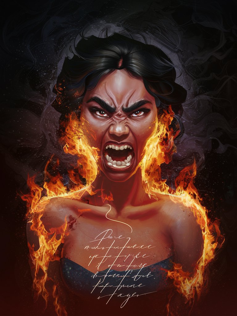 A digital painting of an ethnic beautiful woman engulfed in flames of anger and rage, with destructive energy emanating from their body. The image should portray the warning against harboring negative emotions such as anger and resentment, emphasizing the need to seek peace and forgiveness instead.
