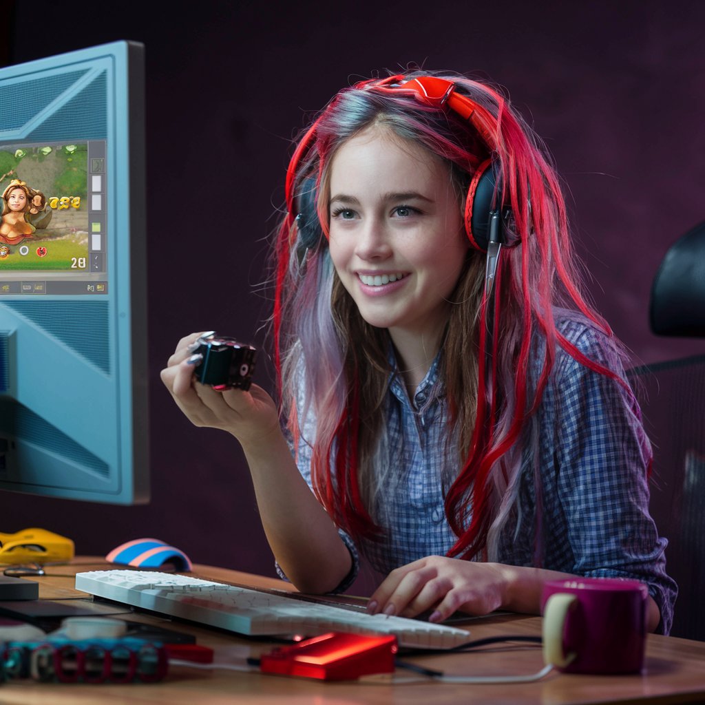 Девушка стример с серыми глазами, длинными прямыми русыми волосами, любит видеоигры, название канала стримера это "LaNatiK Games"
