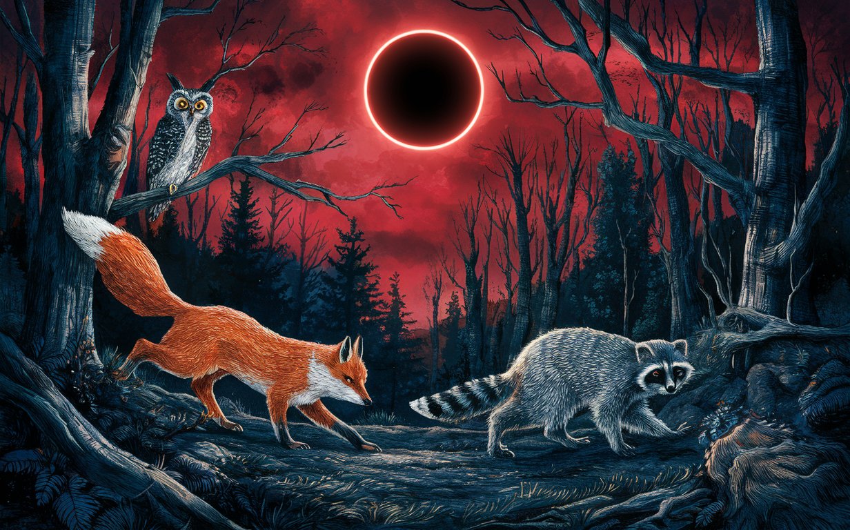 Create an image showing the impact of lunar eclipses on wildlife behavior, such as nocturnal animals becoming active during the daytime.