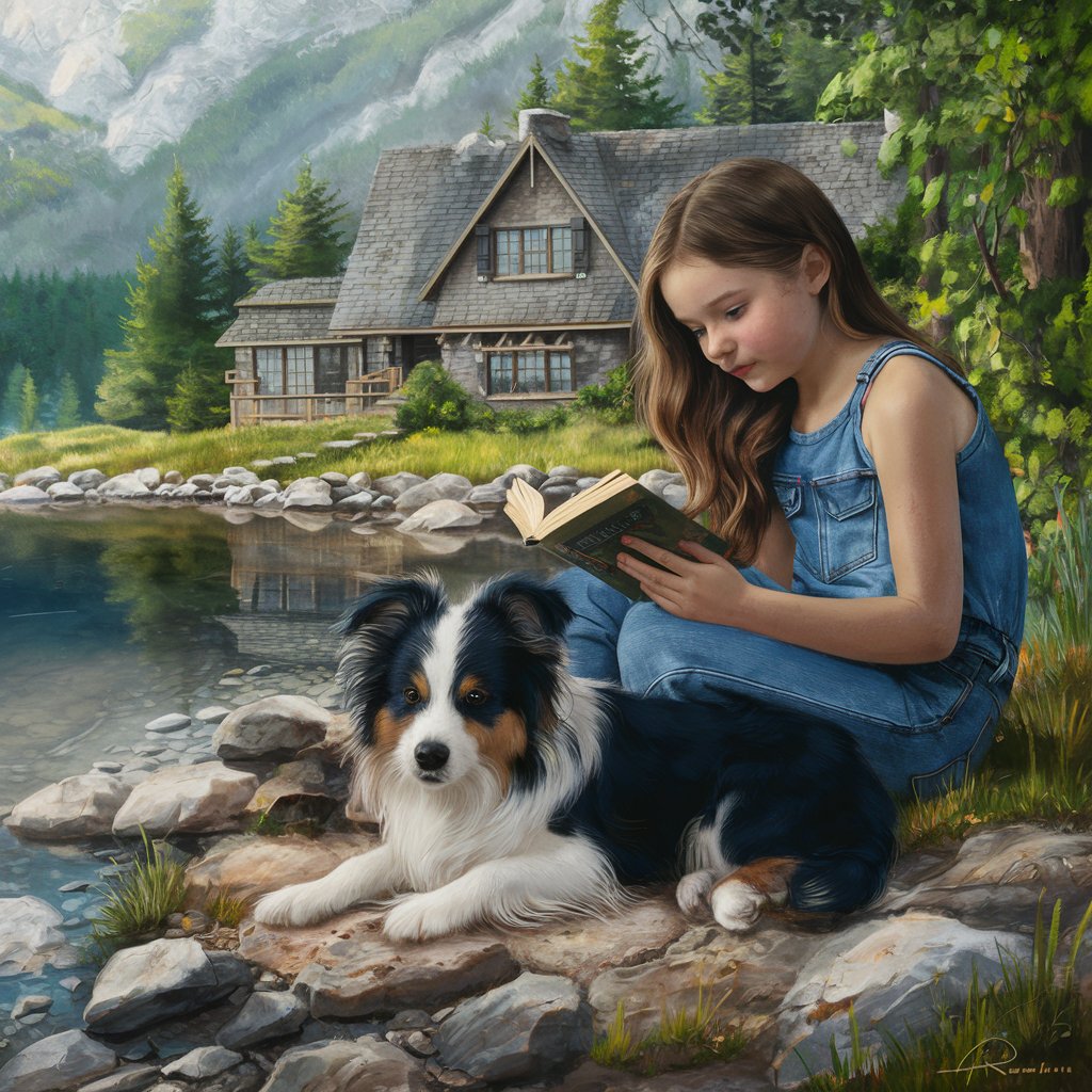 Girl in Jeans Sitting by Lake Mountains House with Shepherd Dog
