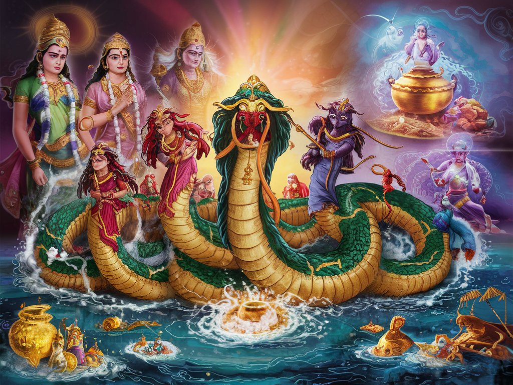Illustrate the mythological tale of Samudra Manthan (churning of the ocean), with gods and demons engaged in the process.