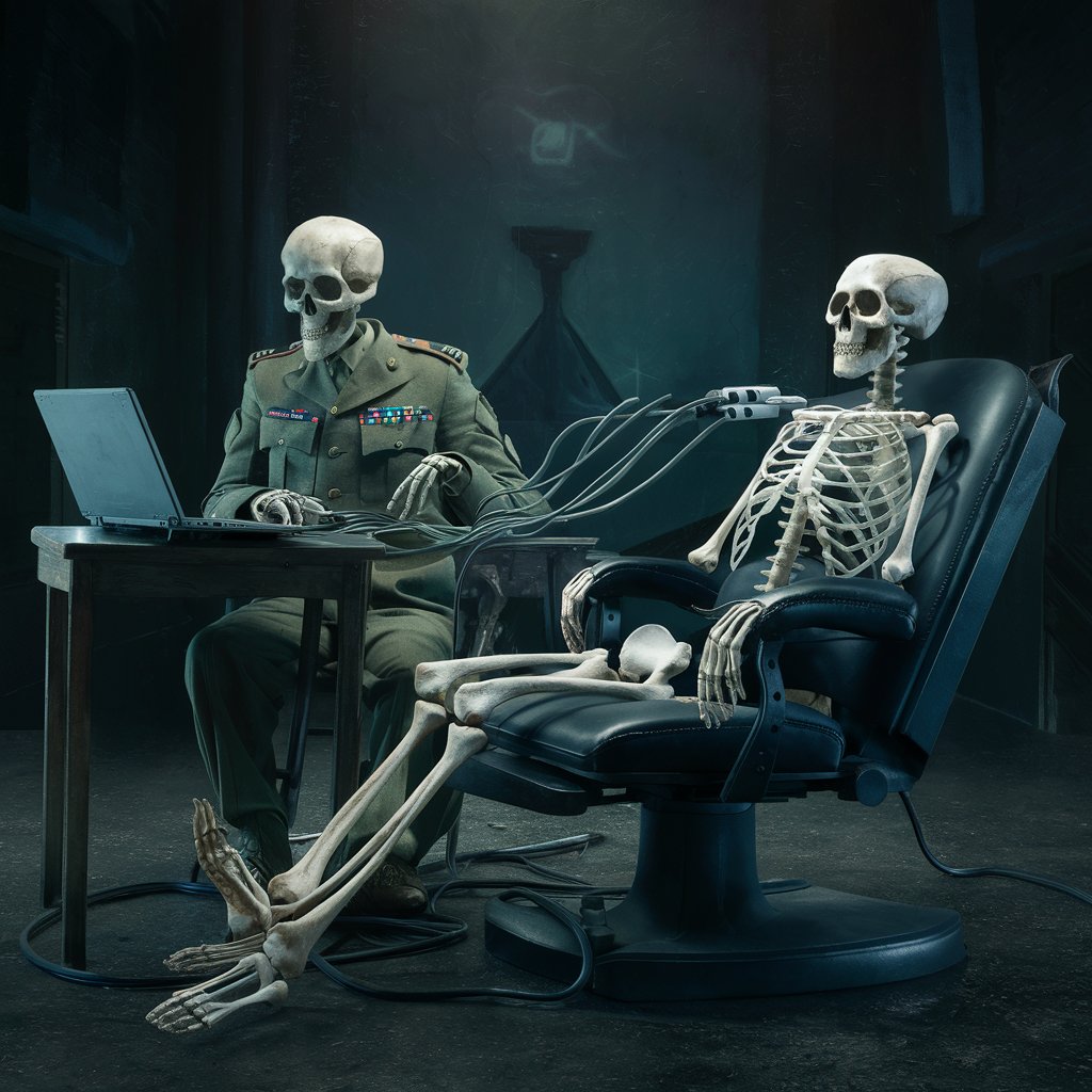 Atmospheric picture, where two sceletons, one is in full military gear, sitting with a laptop and performing the test, and the second one is in the polygraph chair with cables connected to the device 
