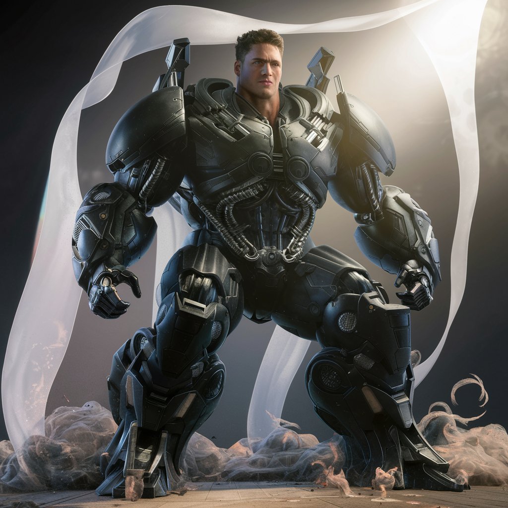 Трансформный Фантастичный высокотехнологичный костюм Robocop на фоне Пост Апокалипсиса с пушками на руках, в героической позе, широкие плечи, телосложение бодибилдера, костюм в стиле Transformer, слияние Алекса Мерфи и костюма Robocop, идеальная композиция фантастического Робота Полицейского далекого будущего, красивый киборг-дизайн черного костюма Transformer, брутальный объемный боевой робот Robocop, детализированные мелкие детали костюма, сложный дизайн дополнительно-усиленной брони, безумно детализированный рендер с октановым числом, художественная фотография 8k, фотореалистичный концепт-арт высокотехнологичного костюма Robocop, мягкий естественный объемный кинематографический свет, грациозная светотень, гордость-победоносность, шедевр, идеальная композиция, четкий фокус, студийная фотография в стиле Raw, сложные детали, высокая детализация, неоновая внутренняя подсветка, абстрактные цвета, высокотехнологичный механический механизм Трансформера, детализированные пушки по всему телу, высокотехнологичная замысловатая сложность деталей, отрисовано на движке PasificRim