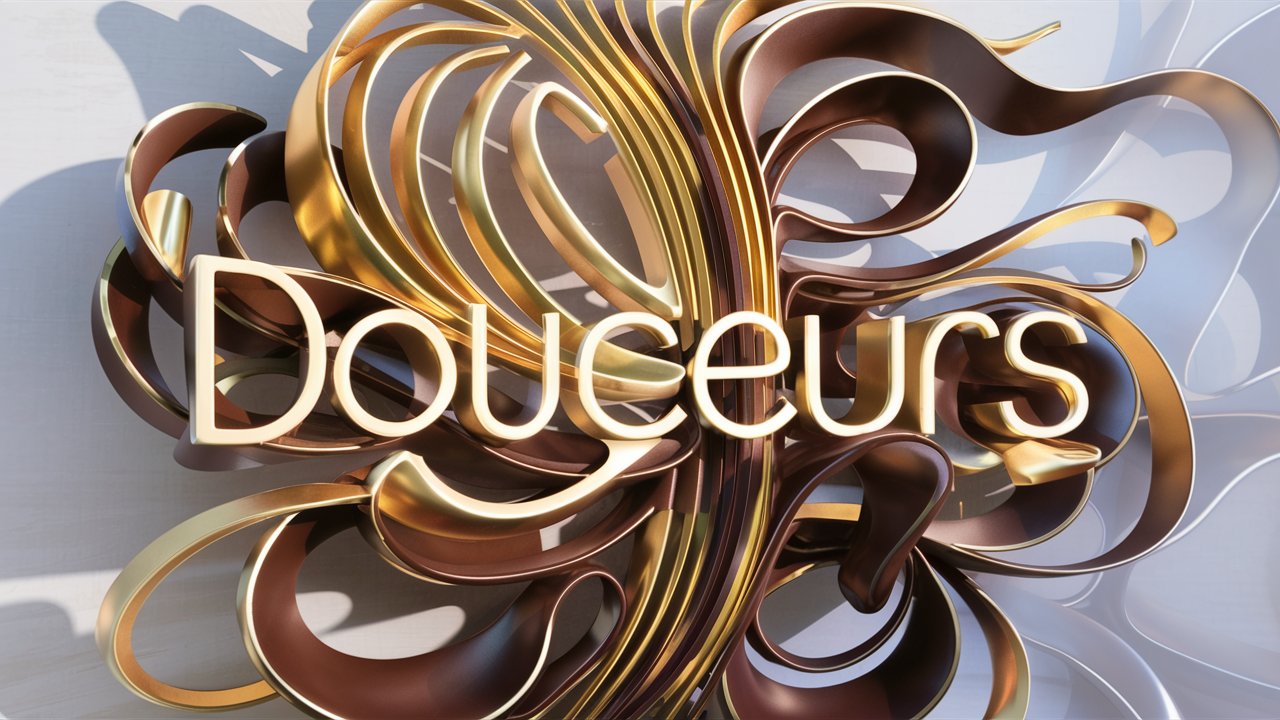 A chocolate sculpture in modern style, with a series of intertwining shapes and patterns, ultimately forming the name "DOUCEURS". Golden and brown elements. Light and shadow play on the sculpture. Light background. 3D.
