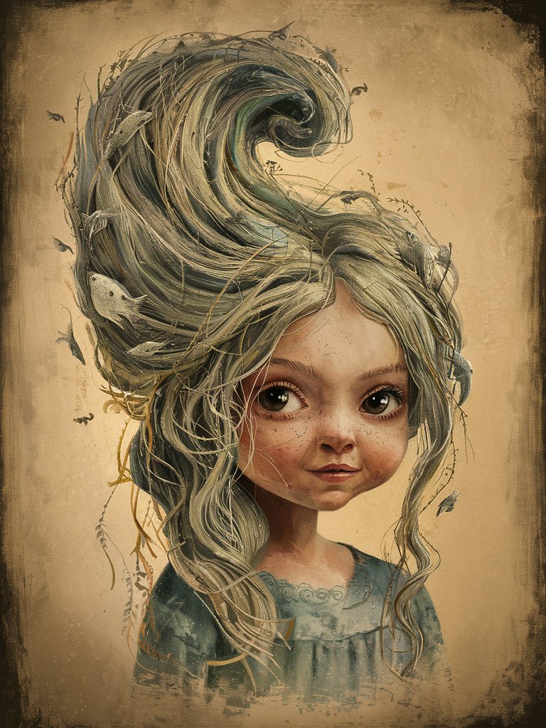 dry brush painting, whimsy and nostalgia, vintage effect, scumbling techniques, rough brush strokes, infused texture and depth, aged, weathered feel. A beautiful young girl. Her long, flowing hair covers her face and cascades down her back, but upon closer inspection, it becomes clear that her hair is composed of swirling sea waves, adorned with delicate strands of seaweed. Amongst the intricate strands, swim tiny hyperdetailed fish. The girl has beautiful big hyperdetailed eyes