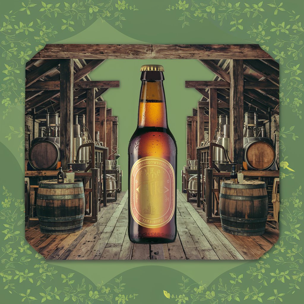 Vintage Brewery Scene with Central Bottle Image on Green Background