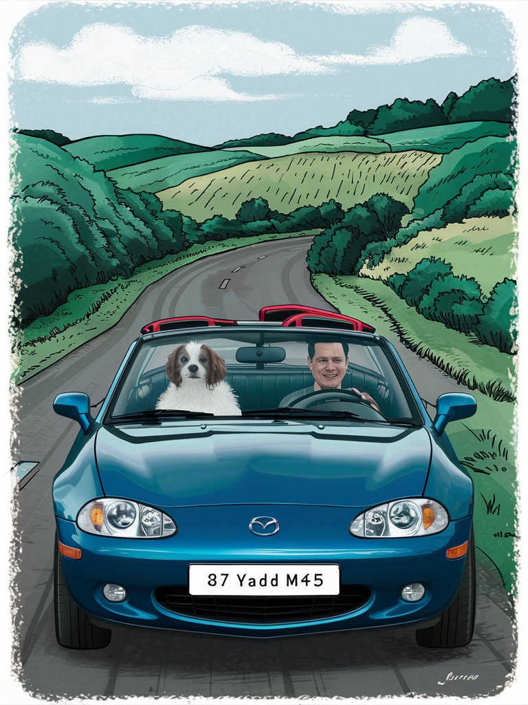 homme, 37 ans, avec chien cavalier king charles, voiture cabriolet, mazda MX5, bleue, capote ouverte, petite route, campagne, collines