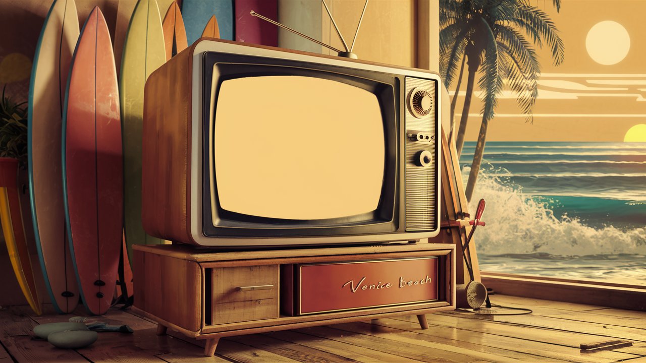 a large TV with a blank screen, 1970s surfer aesthetic in Venice Beach, CA