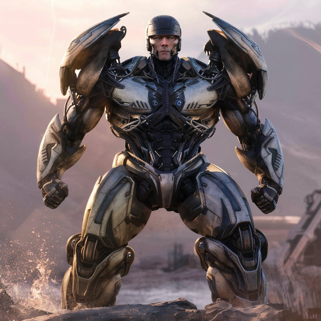 Трансформный Фантастичный высокотехнологичный костюм Robocop на фоне Пост Апокалипсиса, в героической позе, широкие плечи, телосложение бодибилдера, костюм в стиле Transformer, слияние Алекса Мерфи и костюма Robocop, идеальная композиция фантастического Робота Полицейского далекого будущего, красивый киборг-дизайн черного костюма Transformer, брутальный объемный боевой робот Robocop, детализированные мелкие детали костюма, сложный дизайн дополнительно-усиленной брони, безумно детализированный рендер с октановым числом, художественная фотография 8k, фотореалистичный концепт-арт высокотехнологичного костюма Robocop, мягкий естественный объемный кинематографический свет, грациозная светотень, гордость-победоносность, шедевр, идеальная композиция, четкий фокус, студийная фотография в стиле Raw, сложные детали, высокая детализация, неоновая внутренняя подсветка, абстрактные цвета, высокотехнологичный механический механизм Трансформера, детализированные пушки по всему телу, высокотехнологичная замысловатая сложность деталей, отрисовано на движке Трансформер