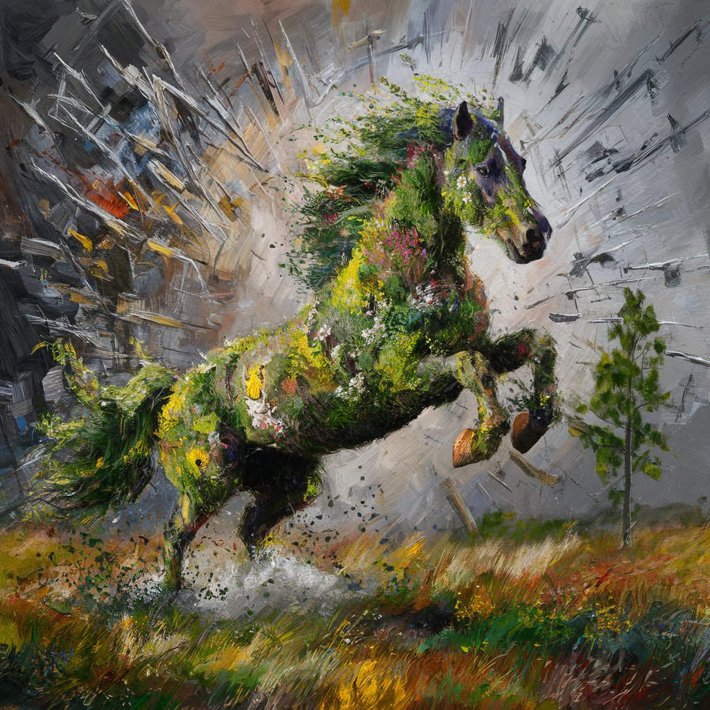Wildflower Horse Rising Dynamic Oil Painting Inspired by Jackson Pollock