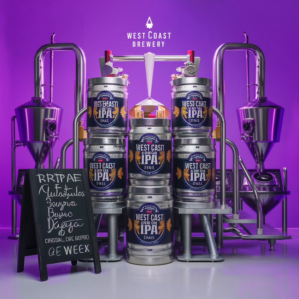 Modern craft brewery equipment in a purple background, with stainless steel beer kegs.  I want to showcase the draft beer of the week to customers and stakeholders. The beer style is West Coast IPA and the language is Portuguese. I want people to look at the picture and feel the taste of the beer.