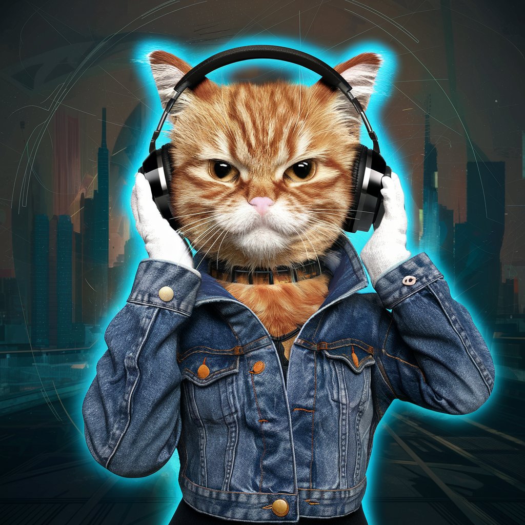 a cat wearing headphones and a denim jacket, inspired by Chris LaBrooy, shutterstock, digital art, ginger cat, pouty look :: octane render, fursona wearing stylish clothes, “portrait of a cartoon animal