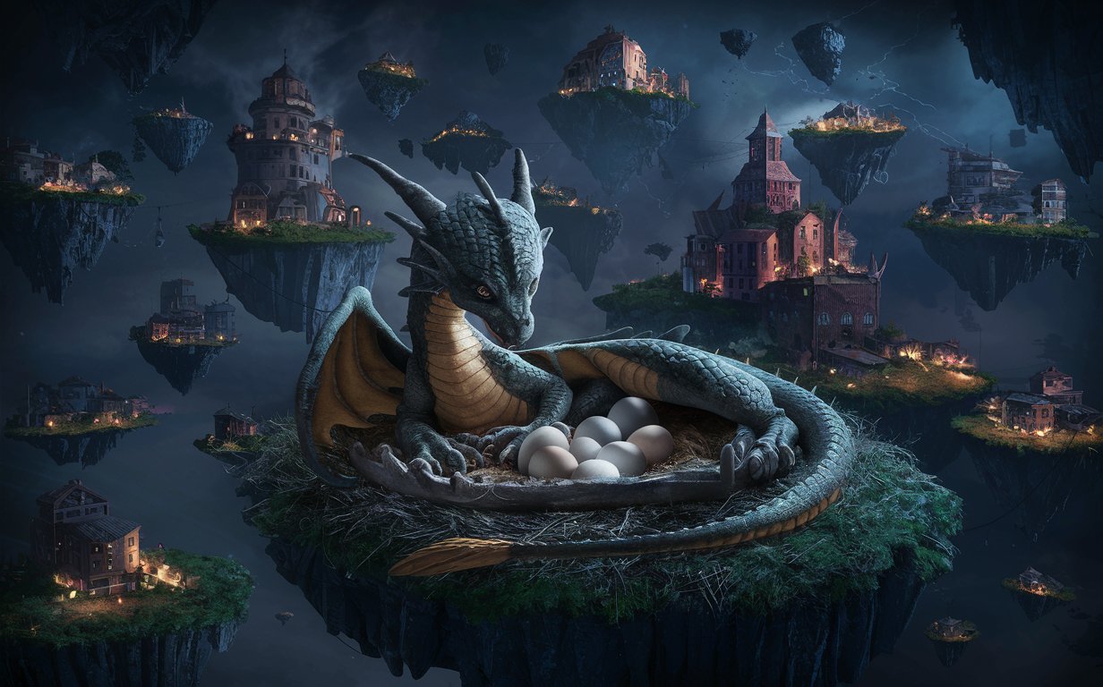 young dragon nesting and laying dragon eggs in a floating sky island town, all islands at different elevations,  hd, fantasy lighting, night, adventurous, suspenseful.