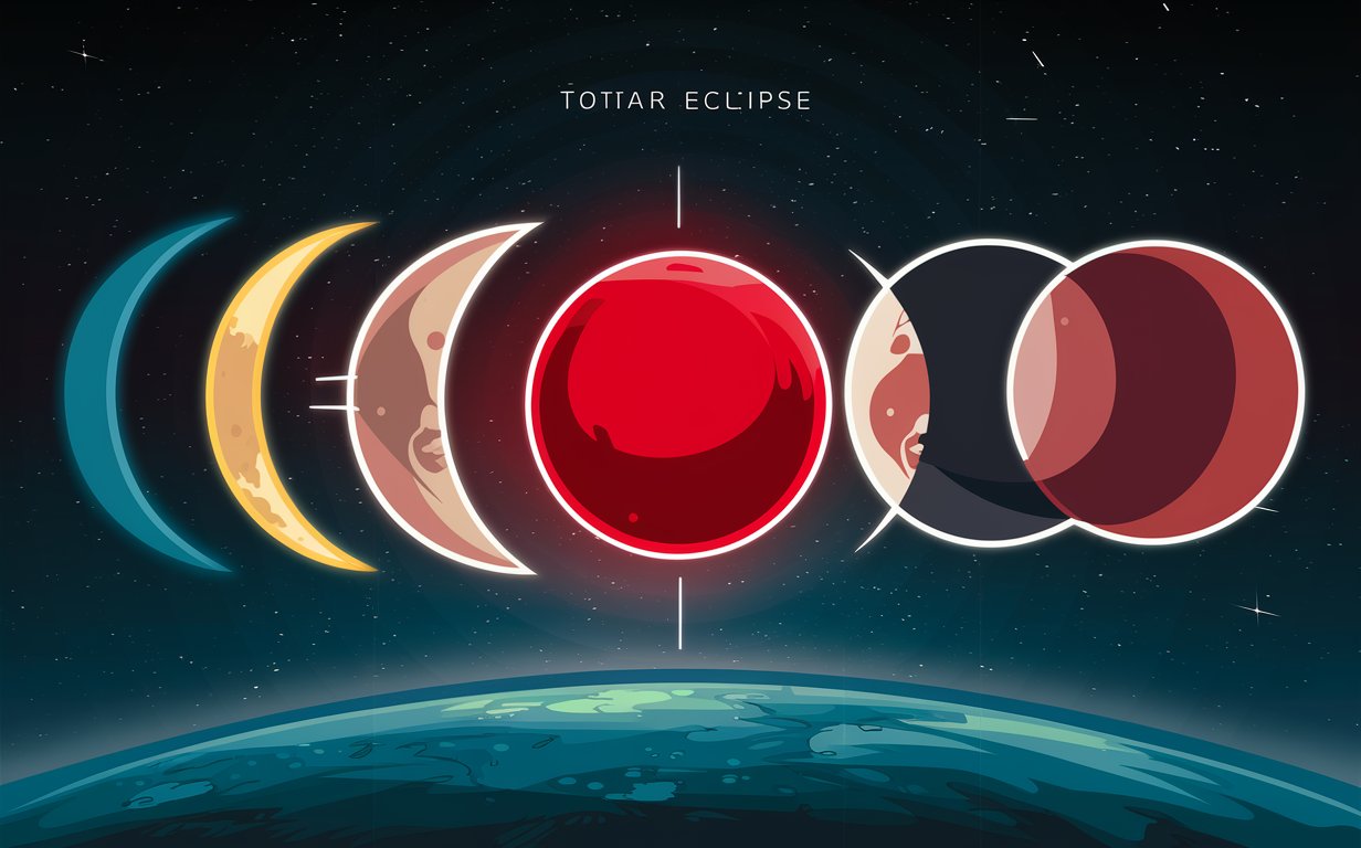 Depict the different stages of a lunar eclipse, including the partial and total phases, as observed from Earth.