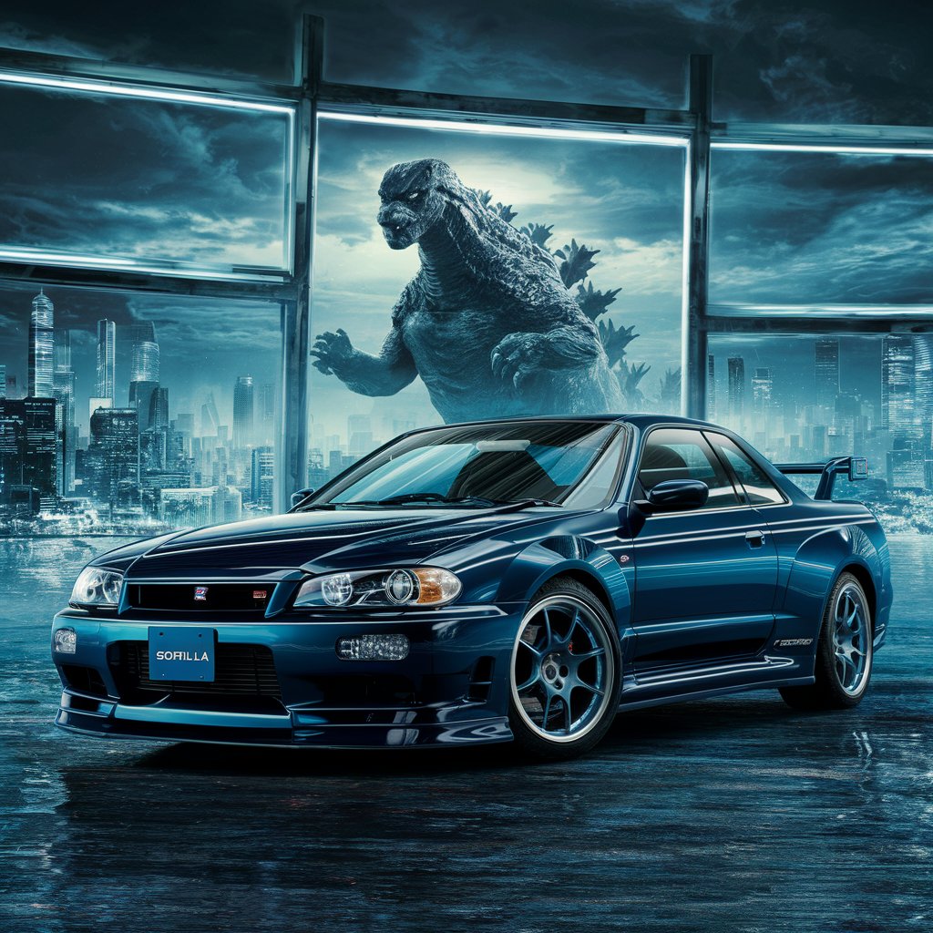 Nissan skyline GT-R r34 with Godzilla in bluish background of a city and bluish lighting