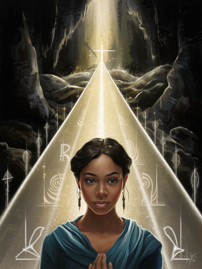 A stirring digital painting capturing a beautiful ethnic woman standing at a spiritual crossroad, where a single illuminated road stretching ahead represents the path of Jesus and divine enlightenment. The road is adorned with ethereal symbols and shimmering light, embodying the essence of spiritual truth and salvation. Shadows of materialistic enticements and earthly distractions lurk in the darkness on each side, tempting her away from the sacred journey of faith. The woman's expression reflects a blend of resolve and contemplation as she confronts the inner tug-of-war between following the radiant road of righteousness or straying into the seductive allure of worldly desires, emphasizing the transformative power of staying on the path of light and grace.