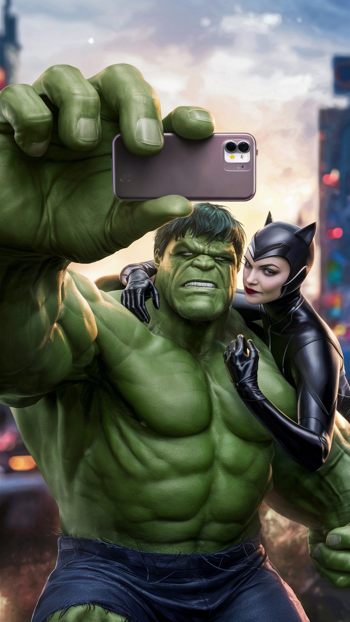 Hulk and Catwoman talking a selfie. Hulk is using his phone to take the selfie 
