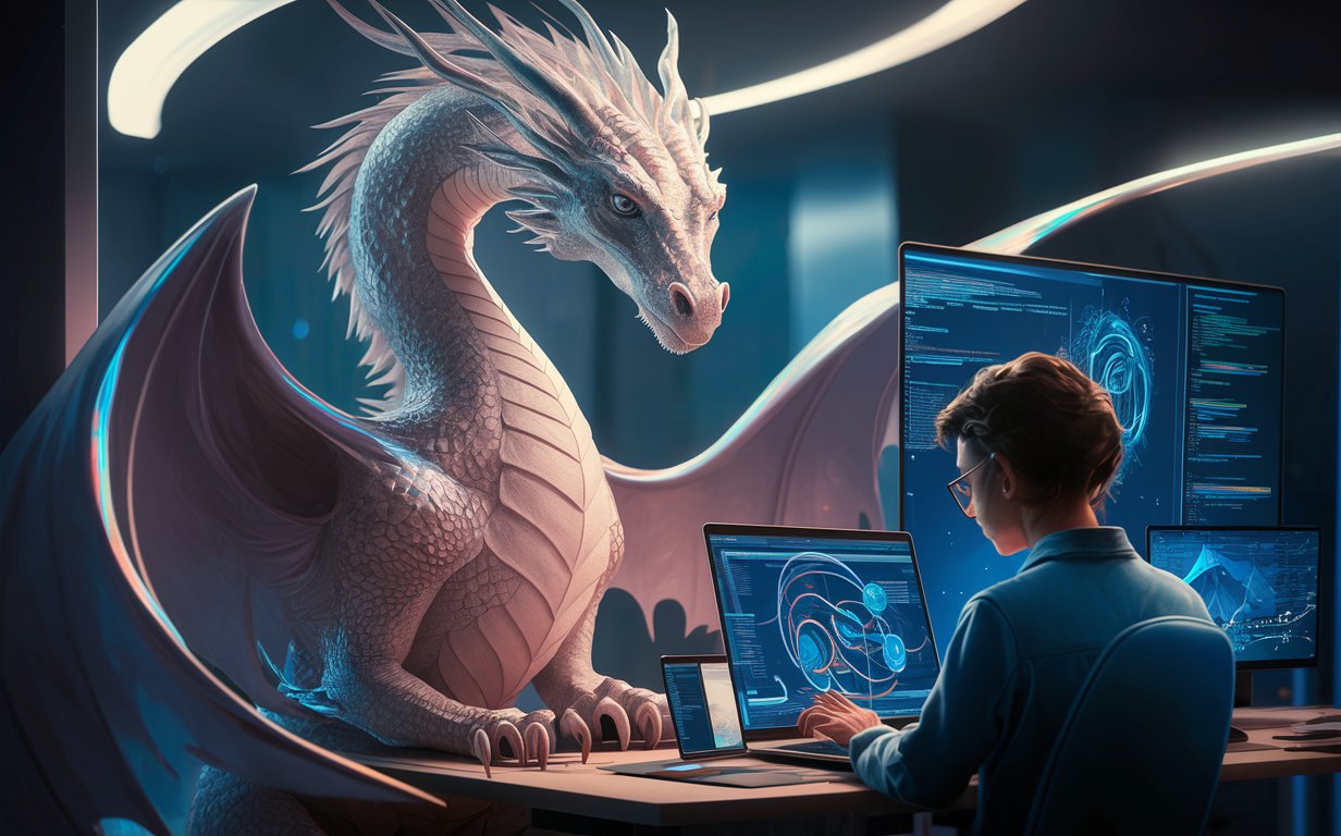 Generate an image showcasing a dragon within a data science environment, specifically tailored for a data scientist working on a laptop. Envision the dragon as a metaphorical representation of the data scientist's expertise and prowess in navigating complex datasets and algorithms. Incorporate elements such as a laptop displaying intricate data visualizations or code, symbolizing the fusion of technology and data analysis. The dragon should exude an aura of intelligence and sophistication, serving as a powerful ally in the data scientist's quest for knowledge and insights. Ensure the scene harmoniously blends fantasy with the practicality of data science, inspiring viewers to explore the limitless possibilities at the intersection of imagination and analytical rigor.