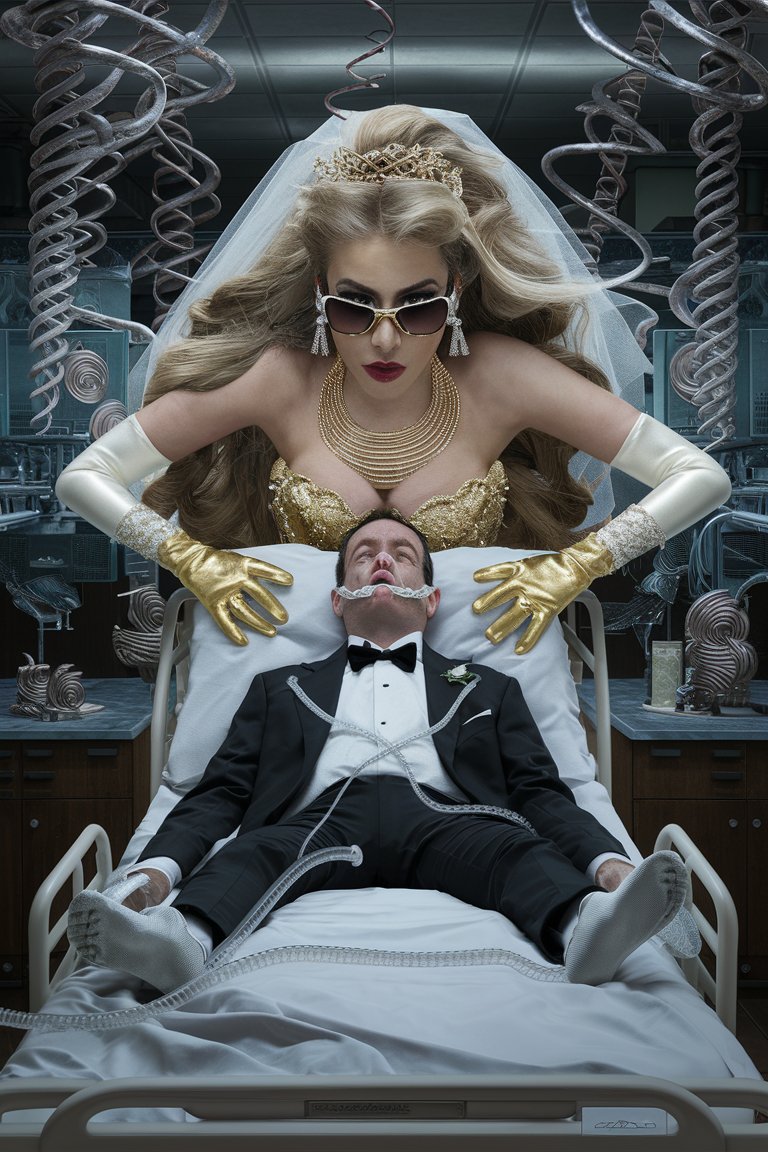 laboratory, decorated in spirals, vials of milky liquid, Beautiful, busty gold digger bride, gold wedding dress,, sunglasses gloves, veil, detailed eyes, spiral necklace, big diamond rings, long flowing blonde hair, leans over male groom in tux, lying on hospital bed, full body, feeding tube running from thighs to mouth, full-body over handsome male, groom,, hypnotized, sultry, seductive. Realistic