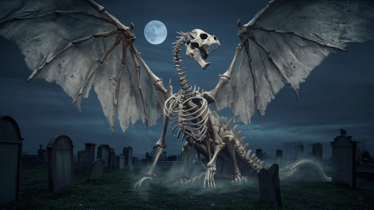 skeletton dragon rises on a graveyard
