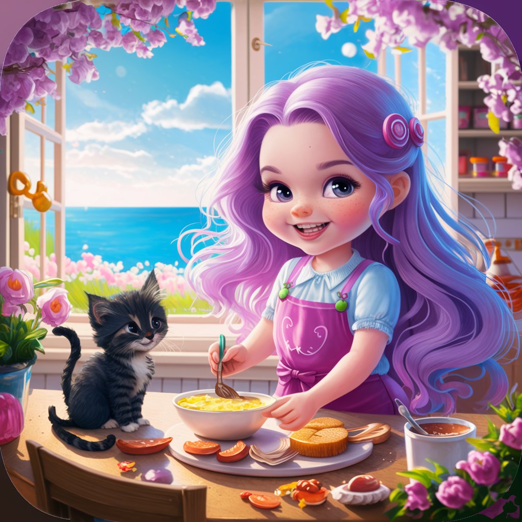 Beautiful girl with long purple hair stands in the kitchen and cooks breakfast, on the table next to the girl sits a black kitten and watches the girl cook breakfast, outside the window you can see the blue sea, spring morning, beautiful, warm, fabulous, cute